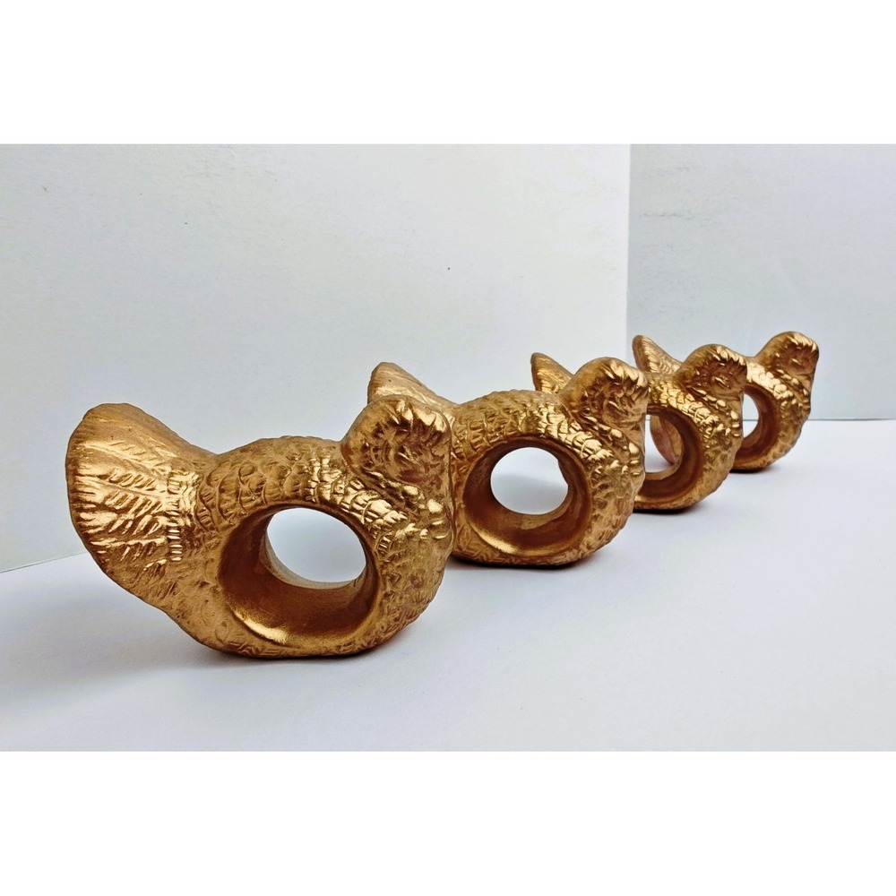 Gold Painted Terra Cotta Ceramic Turkey Napkin Rings Set of 4